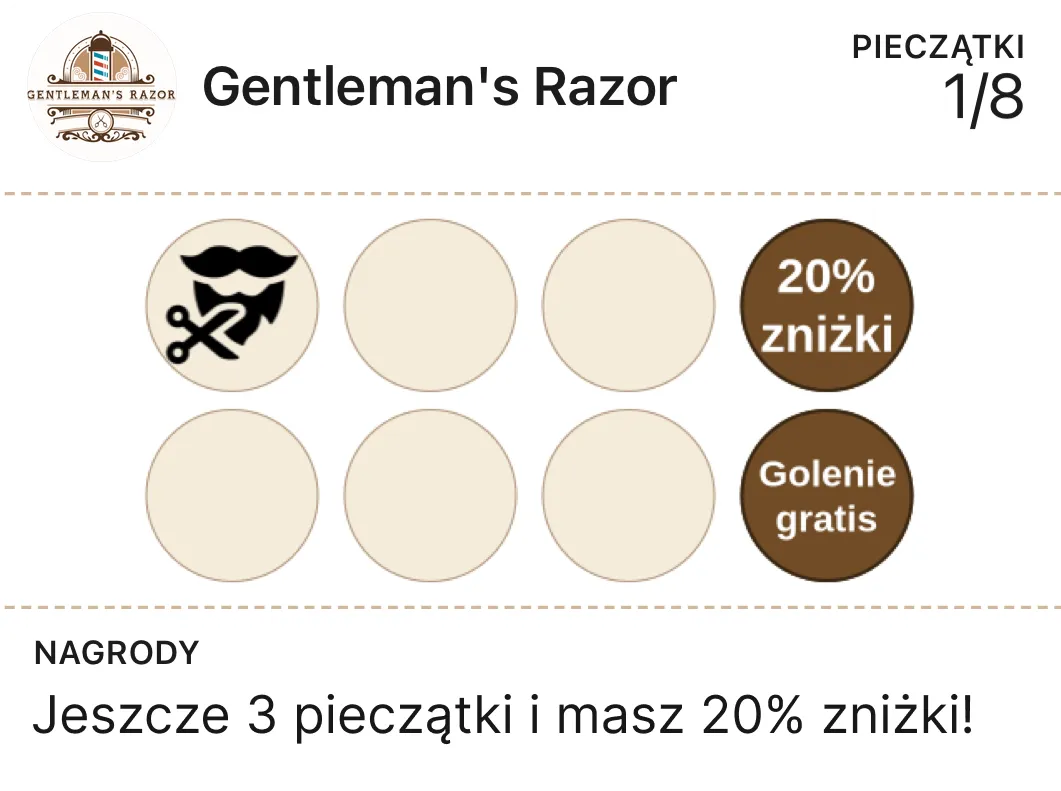 Idea de tarjeta de sellos para barbería: 8 cortes con afeitada gratis de recompensa (ejemplo Gentleman's Razor)