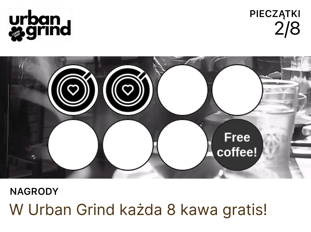 Idea de tarjeta de sellos para cafetería: 8 sellos para un café gratis (ejemplo Urban Grind)