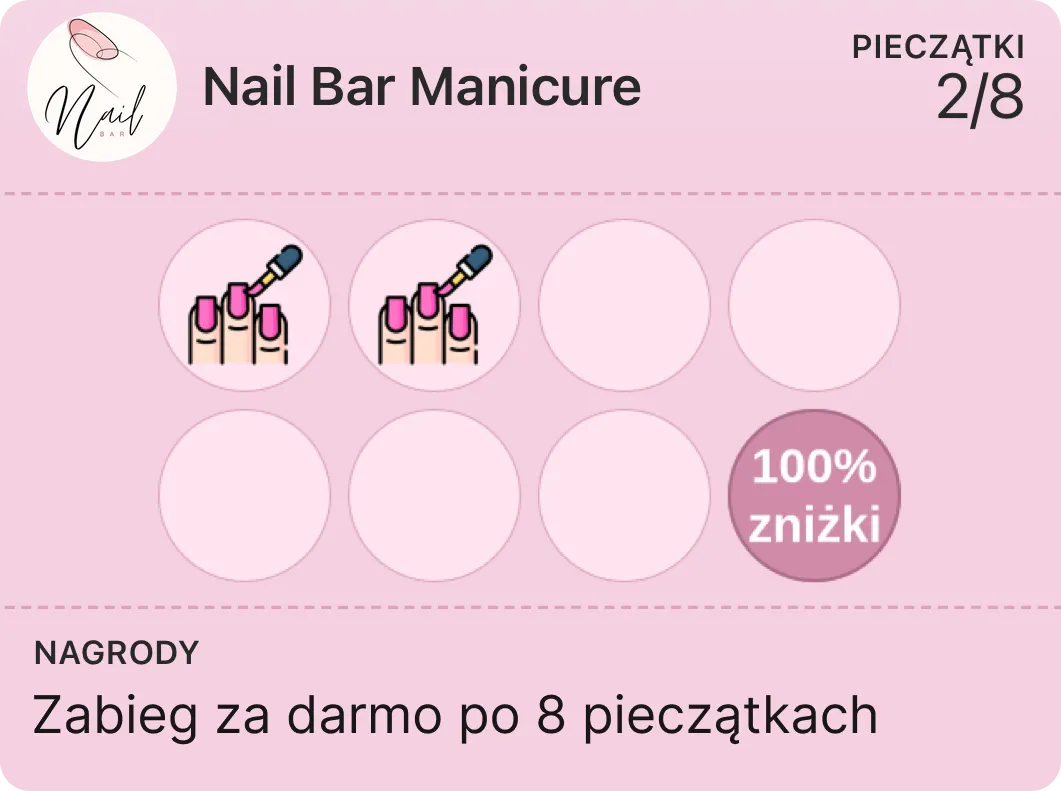 Idea de tarjeta de sellos para salón de uñas: 8 sellos para un tratamiento gratis (ejemplo Nail Bar Manicure)