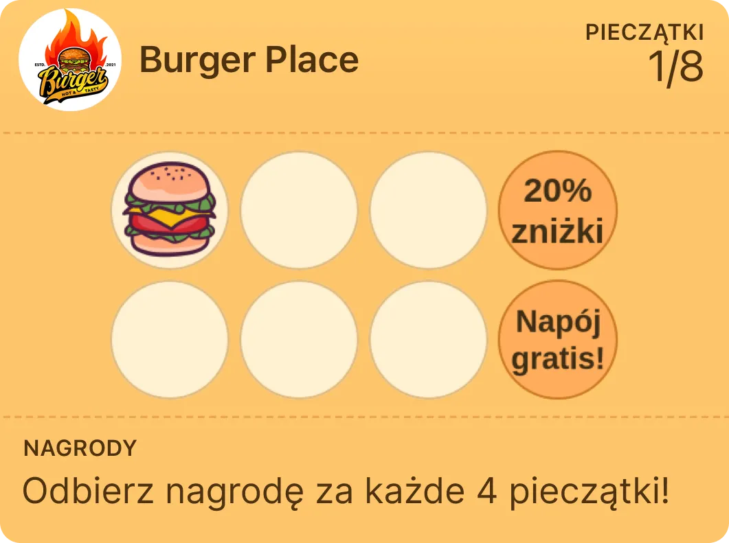 Restaurant punch card idea with tiered rewards — 20% off and a free drink