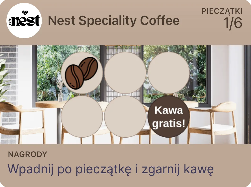 Idea de tarjeta de sellos para café de especialidad: 6 sellos para un café gratis (ejemplo Nest Speciality Coffee)
