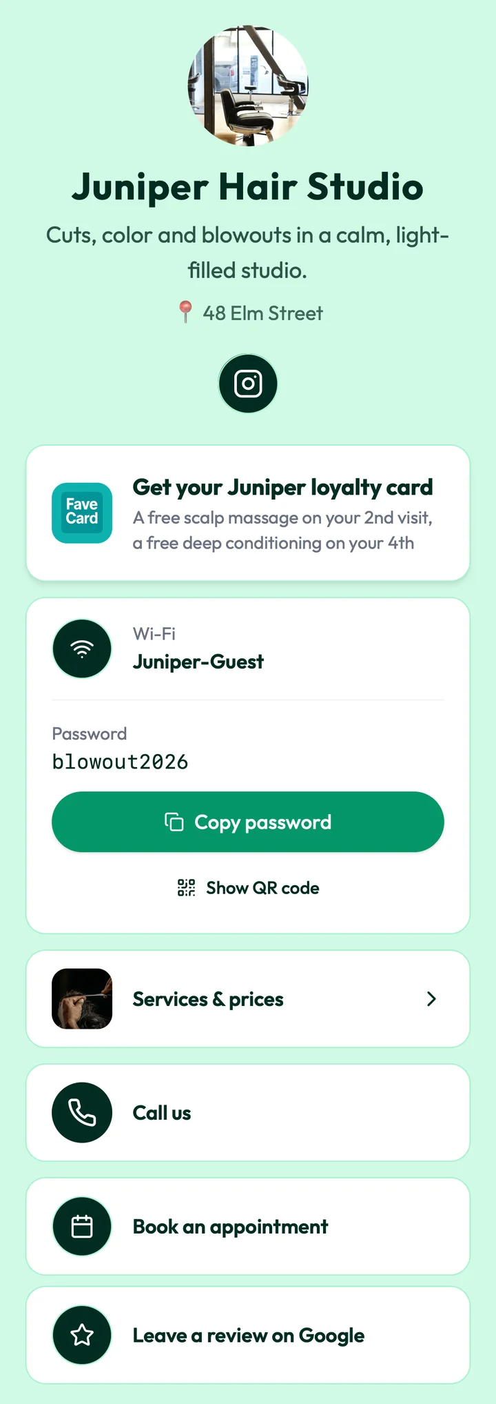 Example business page for Juniper Hair Studio: Cuts, color and blowouts in a calm, light-filled studio., 48 Elm Street, an Instagram button, a Get your Juniper loyalty card button (a free scalp massage on the 2nd visit, a free deep conditioning on the 4th), guest Wi-Fi Juniper-Guest with password blowout2026, Copy password and Show QR code, then Services & prices, Call us, Book an appointment and Leave a review on Google.