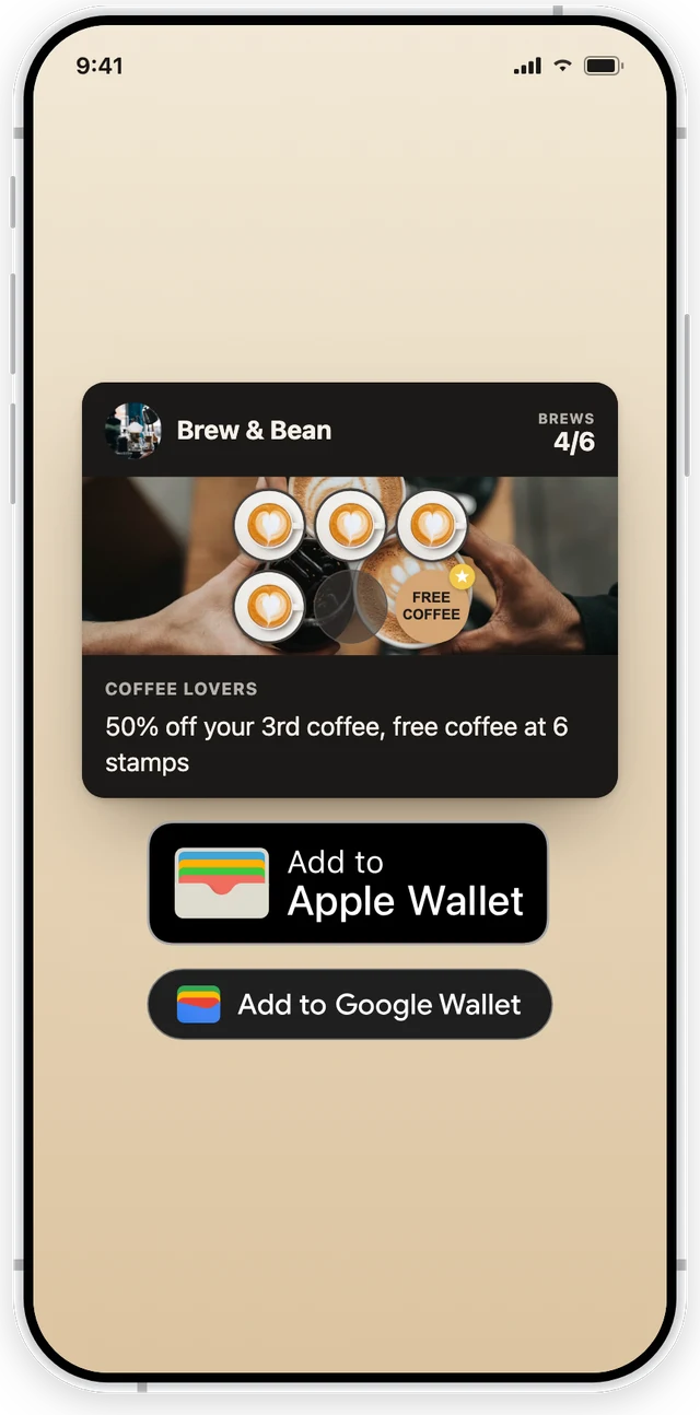 FaveCard card page for Brew & Bean on a phone: the loyalty card with 4 of 6 stamps, and below it an Add to Apple Wallet button and an Add to Google Wallet button