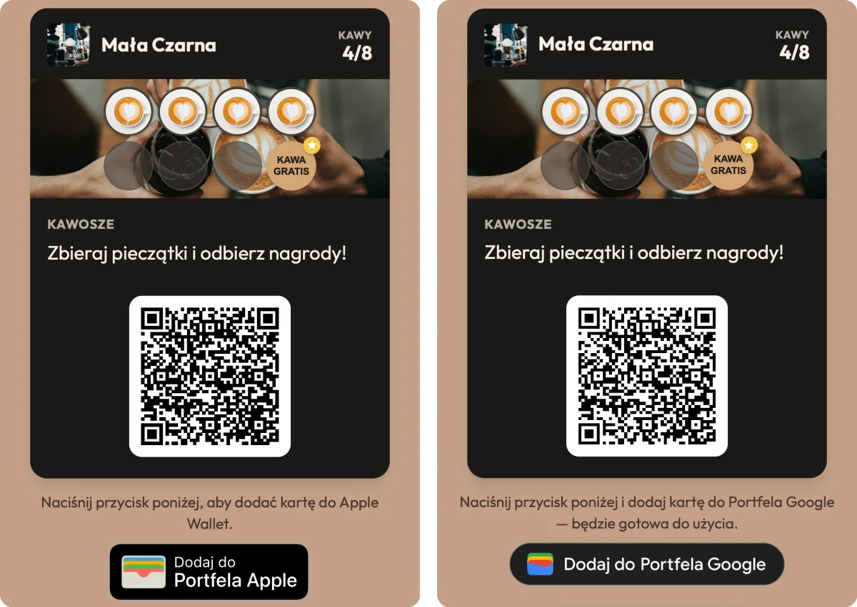 Strona karty FaveCard kawiarni Mała Czarna z 4 z 8 pieczątek na dwóch telefonach: po lewej iPhone z przyciskiem „Dodaj do Portfela Apple”, po prawej Android z przyciskiem „Dodaj do Portfela Google”
