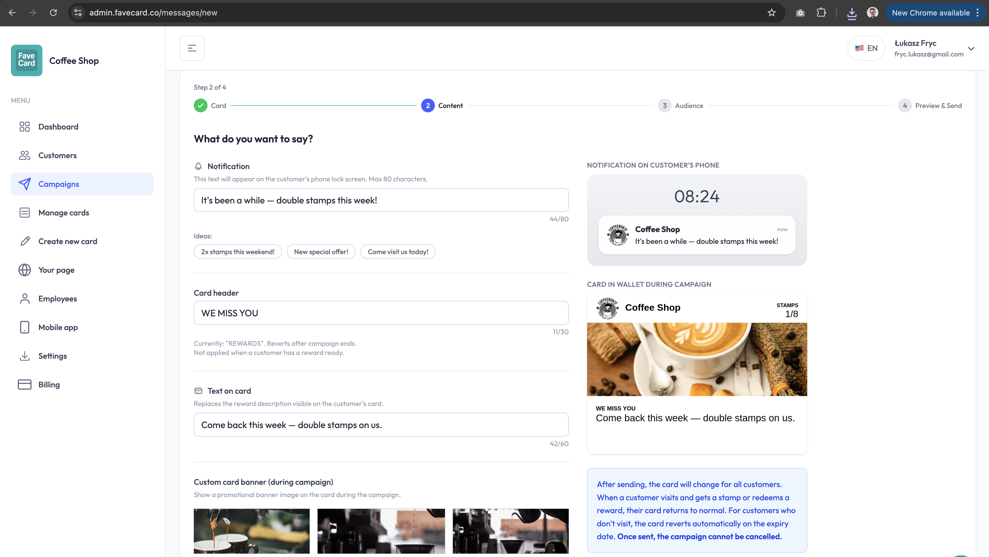 FaveCard campaign dashboard — creating a win-back campaign with 'WE MISS YOU' card header, phone lock screen notification preview showing the message, and the loyalty card in Apple Wallet updated with double stamps offer