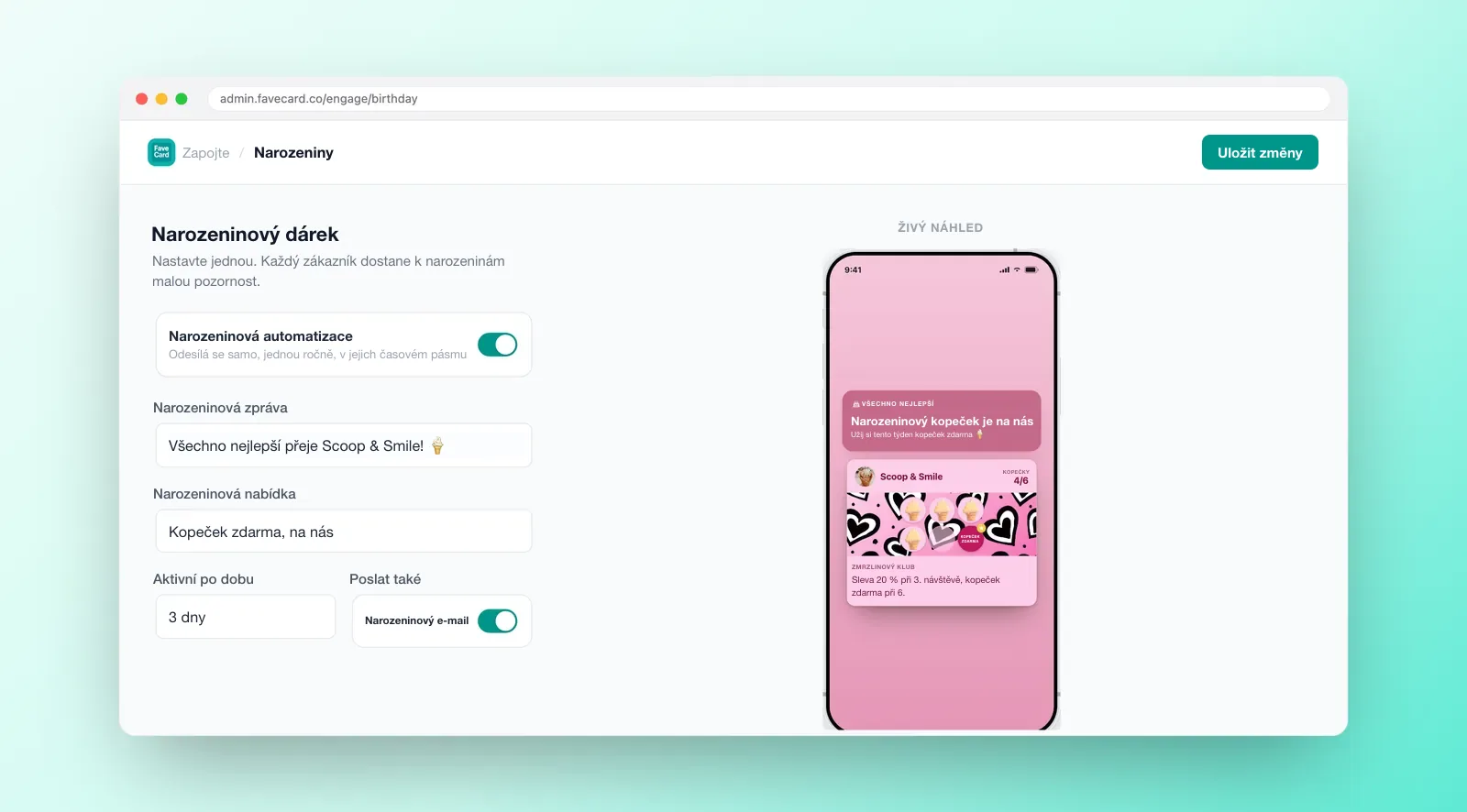 Dashboard FaveCard pro nastavení automatické narozeninové nabídky a náhledu zákaznické karty.