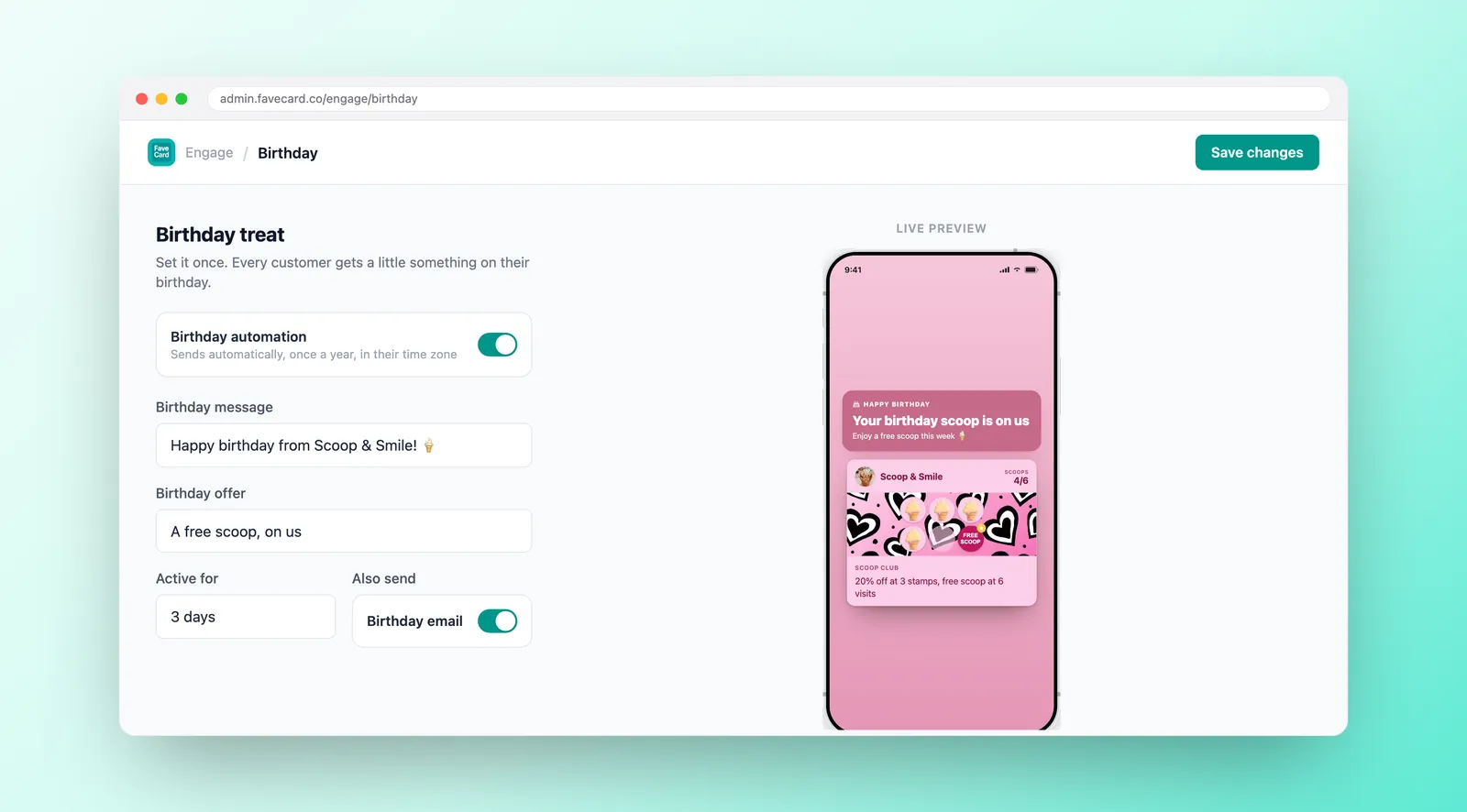 Dashboard FaveCard pro nastavení automatické narozeninové nabídky a náhledu zákaznické karty.