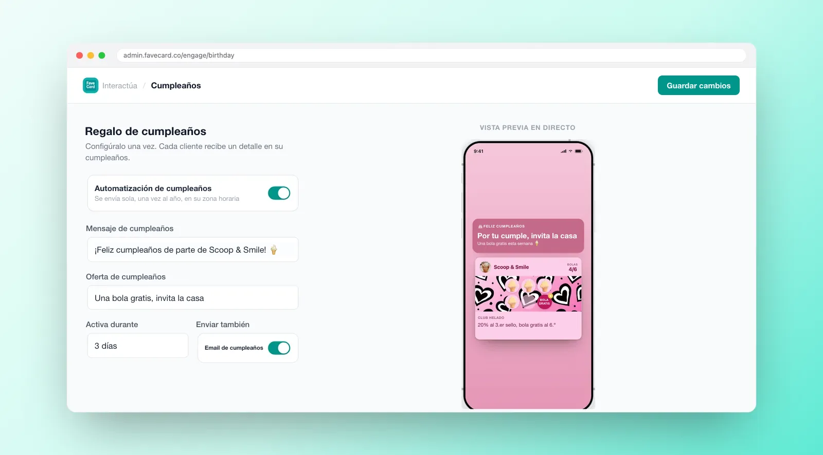 Panel de FaveCard para configurar una automatización de cumpleaños