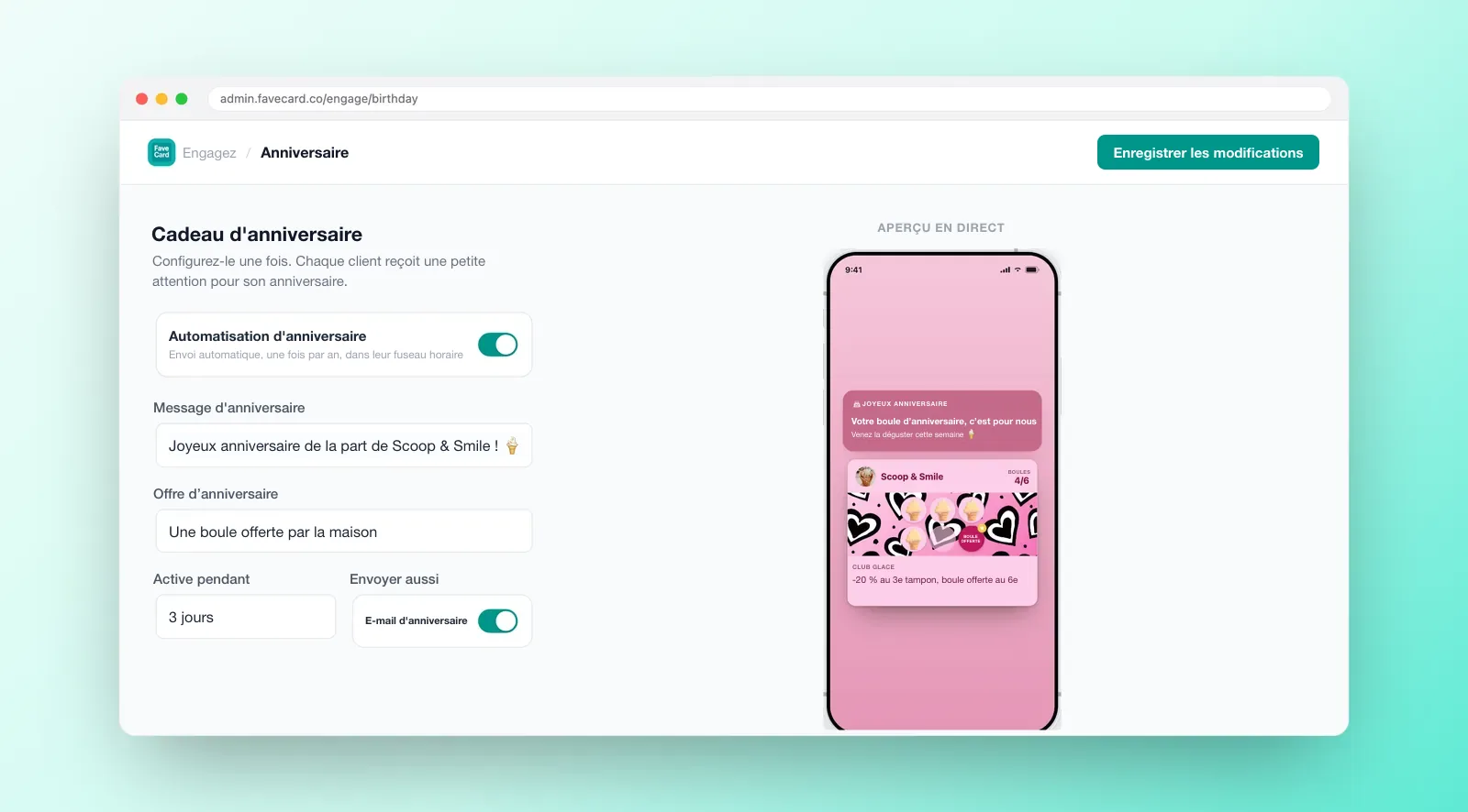Tableau de bord FaveCard pour configurer une automatisation anniversaire