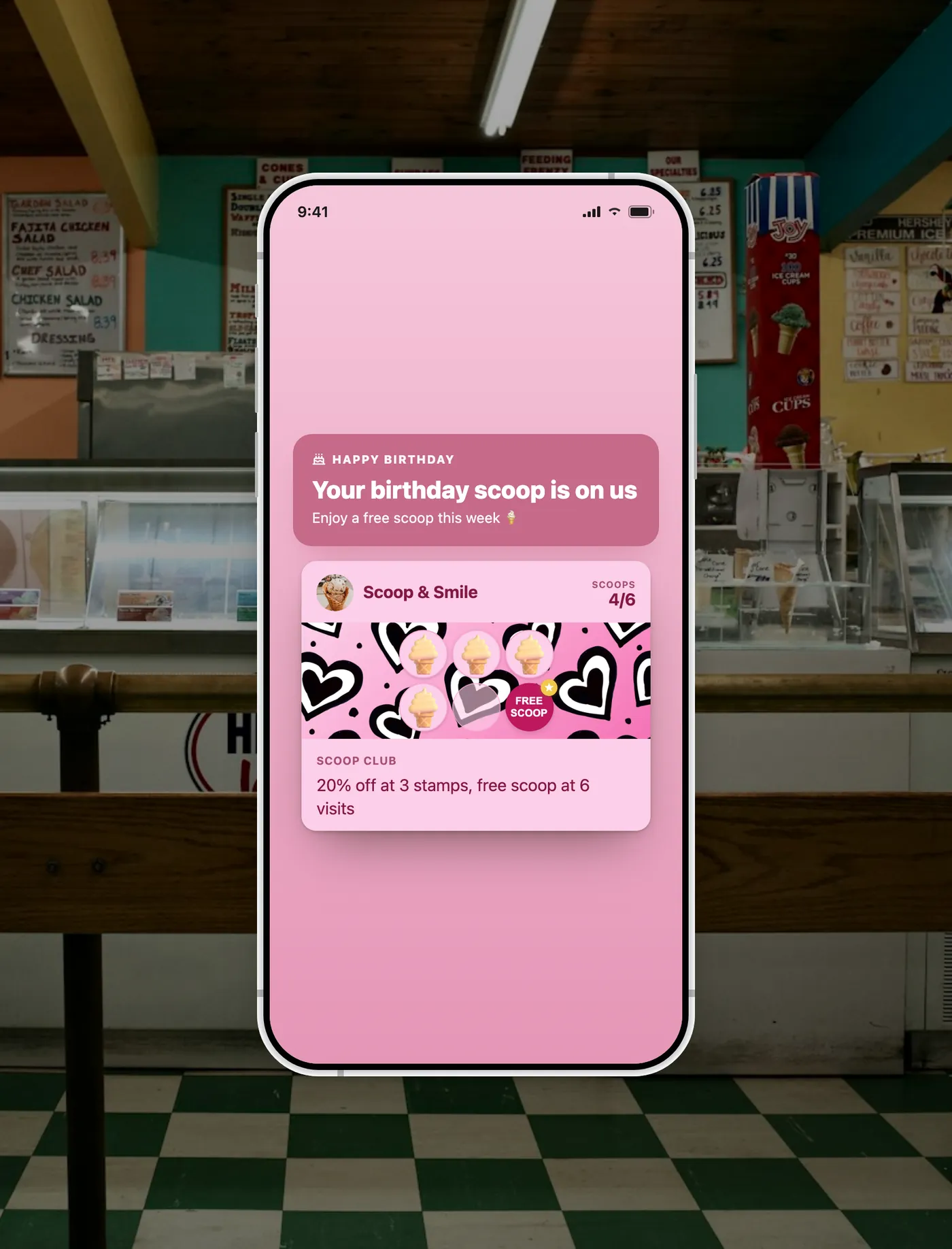 An ice-cream parlor loyalty card in birthday mode: a 'Happy Birthday' header and a free-scoop offer on the same card used for stamps