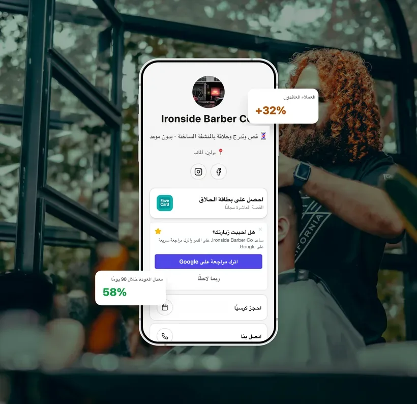 مثال توضيحي لصفحة نشاط FaveCard لصالون حلاقة مع مؤشرات افتراضية لعودة العملاء.