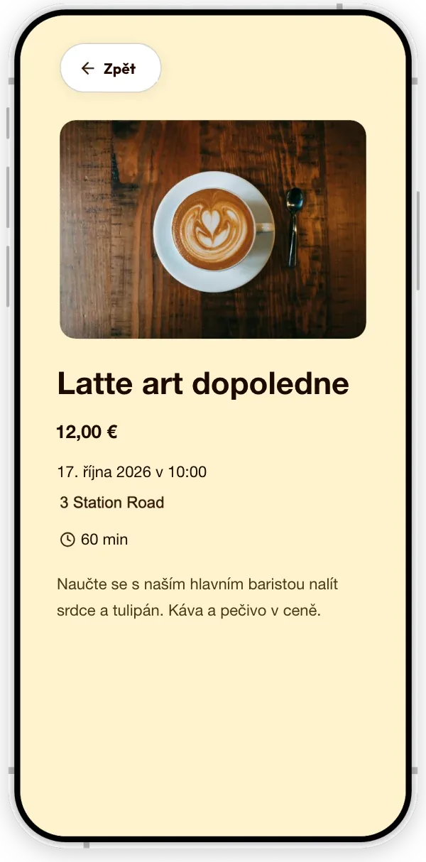 Událost na stránce ukázkové kavárny: dopoledne s latte artem, s datem, časem, délkou, cenou a popisem.