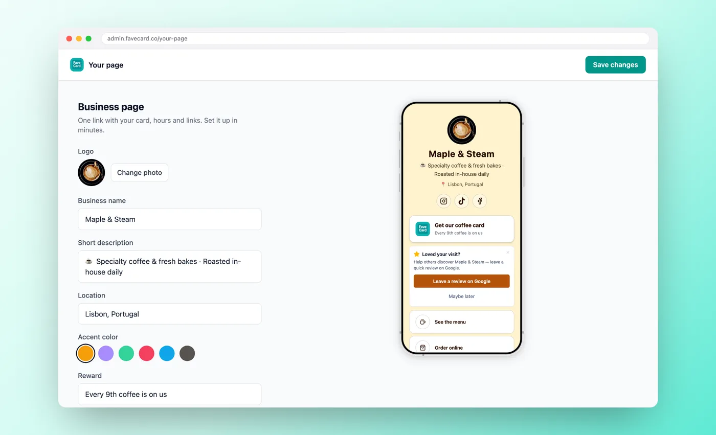 FaveCard 'Your page' dashboard: the business page config panel with a live phone preview