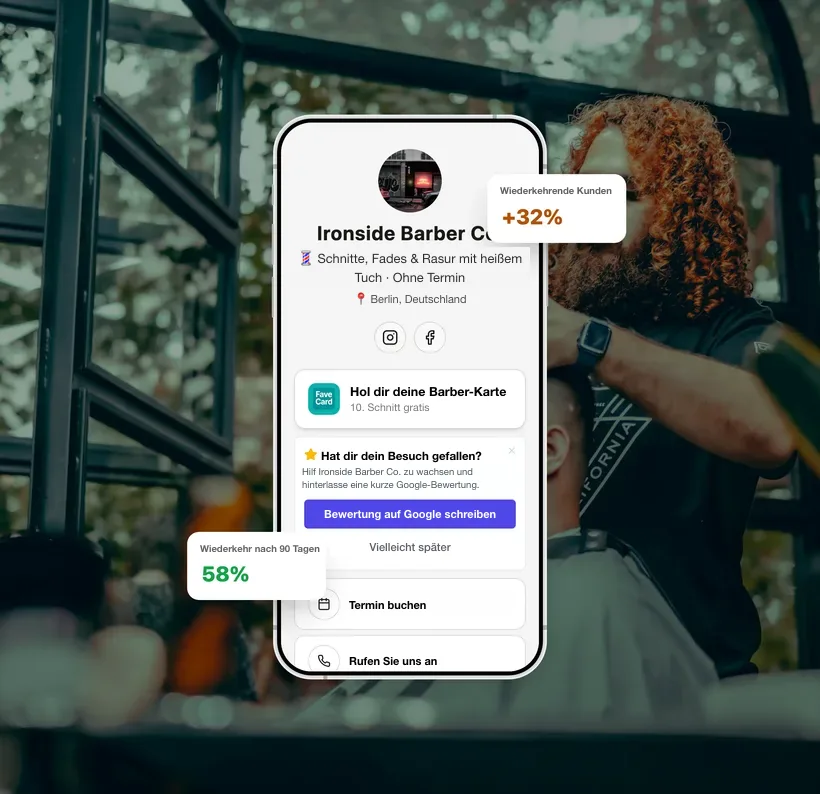 Beispielhafte FaveCard-Unternehmensseite eines Barbershops mit beispielhaften Kennzahlen zu Stammkunden.