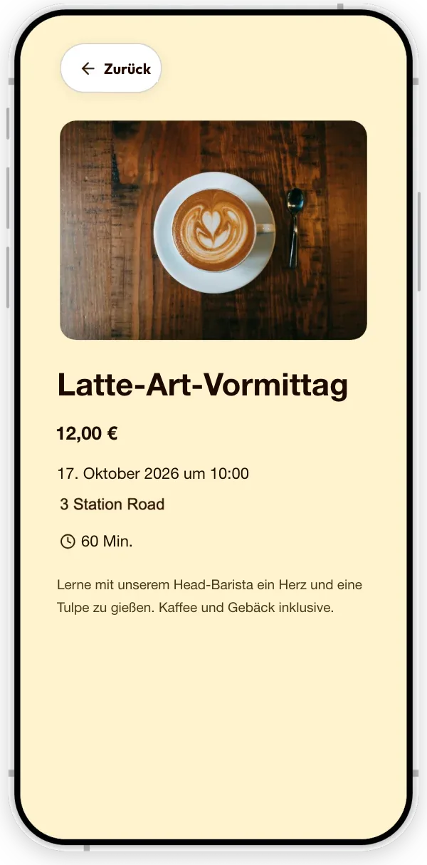 Eine Veranstaltung auf der Seite eines Beispiel-Cafés: ein Latte-Art-Vormittag mit Datum, Uhrzeit, Dauer, Preis und Beschreibung.