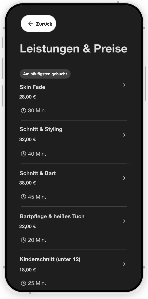 Die Leistungen eines Beispiel-Barbershops: Haarschnitte und Bartpflege, jeweils mit Preis und Dauer.