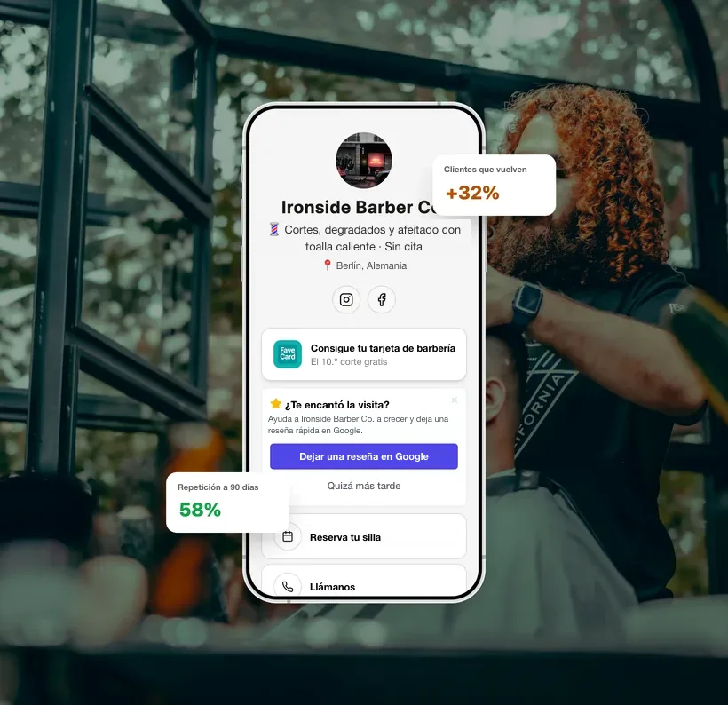 Página de negocio de FaveCard ilustrativa para una barbería, con métricas de ejemplo de clientes habituales.
