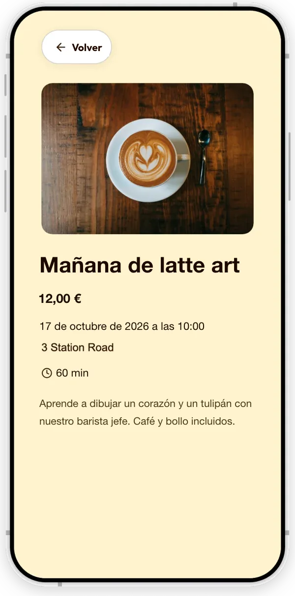 Un evento en la página de una cafetería de ejemplo: una mañana de latte art, con fecha, hora, duración, precio y descripción.