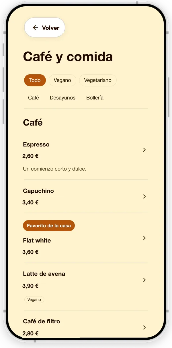 La sección Menú de una cafetería de ejemplo: cafés con precios, una etiqueta «Vegano» y el distintivo «Favorito de la casa».