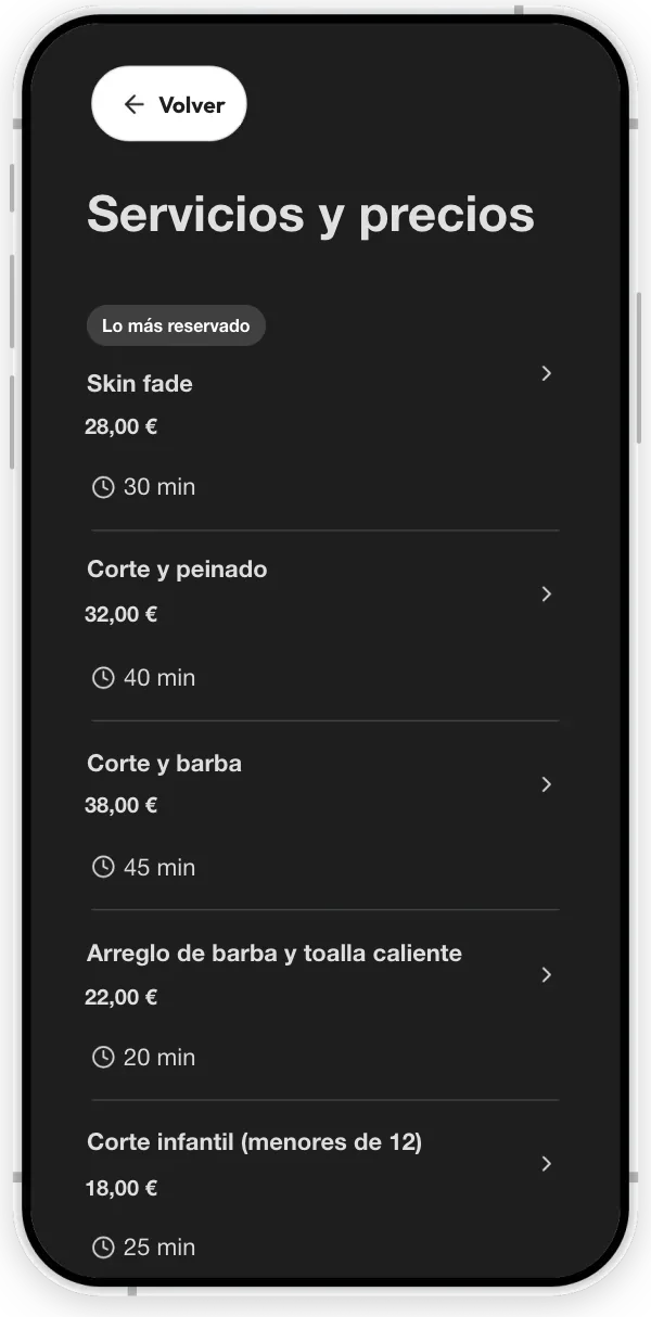 La sección Servicios de una barbería de ejemplo: cortes de pelo y arreglos de barba, cada uno con su precio y su duración.