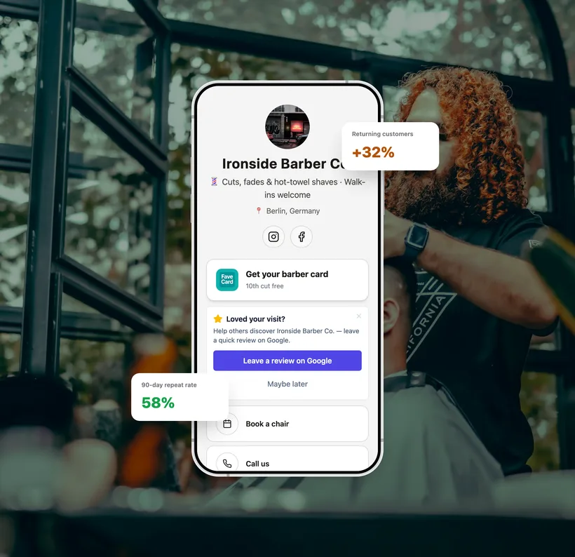 Illustrative FaveCard business page for a barbershop with example repeat-customer metrics