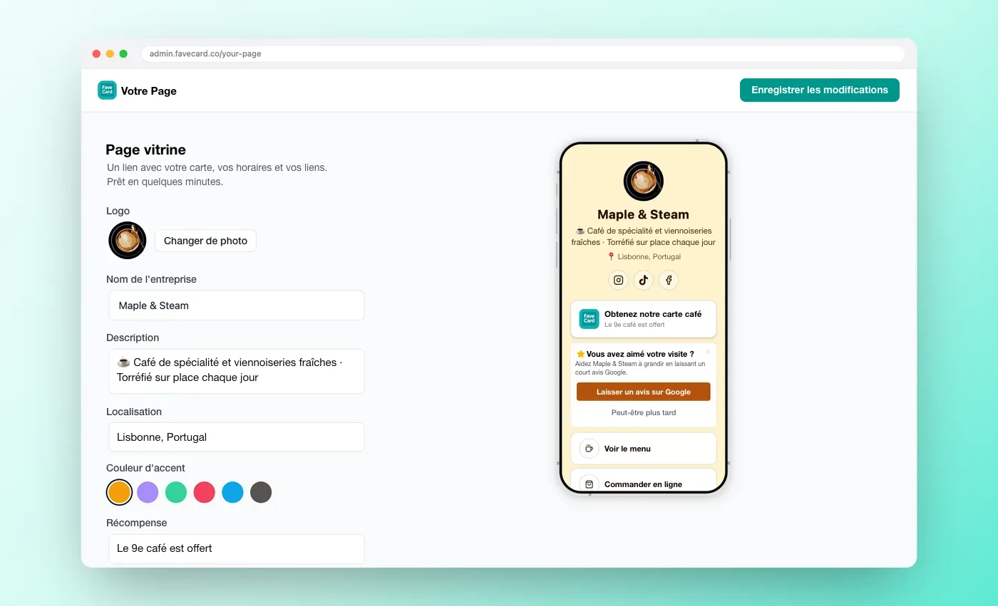 Tableau de bord FaveCard, rubrique « Votre page » : réglages de la page commerce et aperçu en direct sur téléphone.