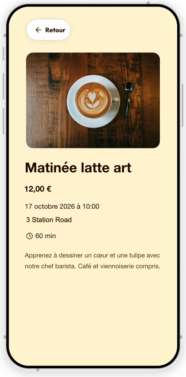 Un événement sur la page d’un café fictif : une matinée latte art, avec date, heure, durée, prix et description.