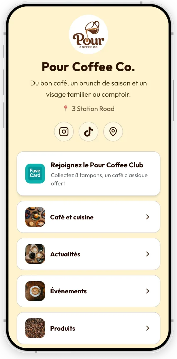 Exemple de page commerce FaveCard pour un café, sur mobile : le bouton de la carte de fidélité en tête, puis Menu, Actualités, Événements et Produits, les boutons de contact et le lien « Laisser un avis sur Google ».