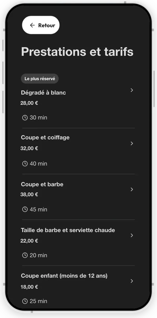 La rubrique Prestations d’un barbier fictif : coupes et soins de la barbe, avec le prix et la durée de chaque prestation.