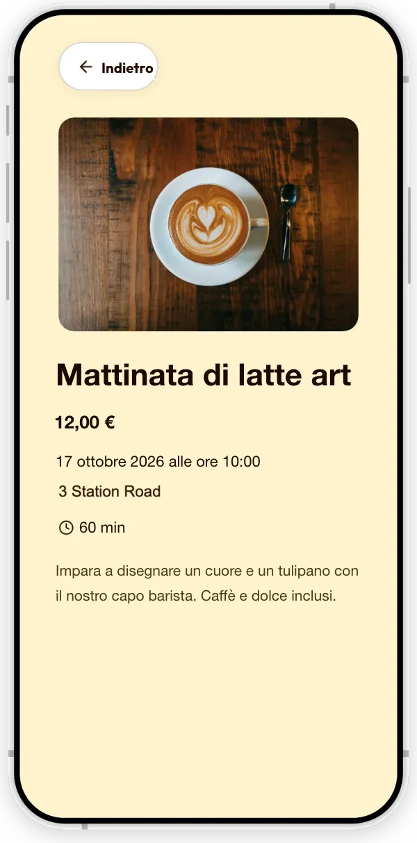 Un evento sulla pagina di un bar di esempio: un workshop mattutino di latte art, con data, ora, durata, prezzo e descrizione.