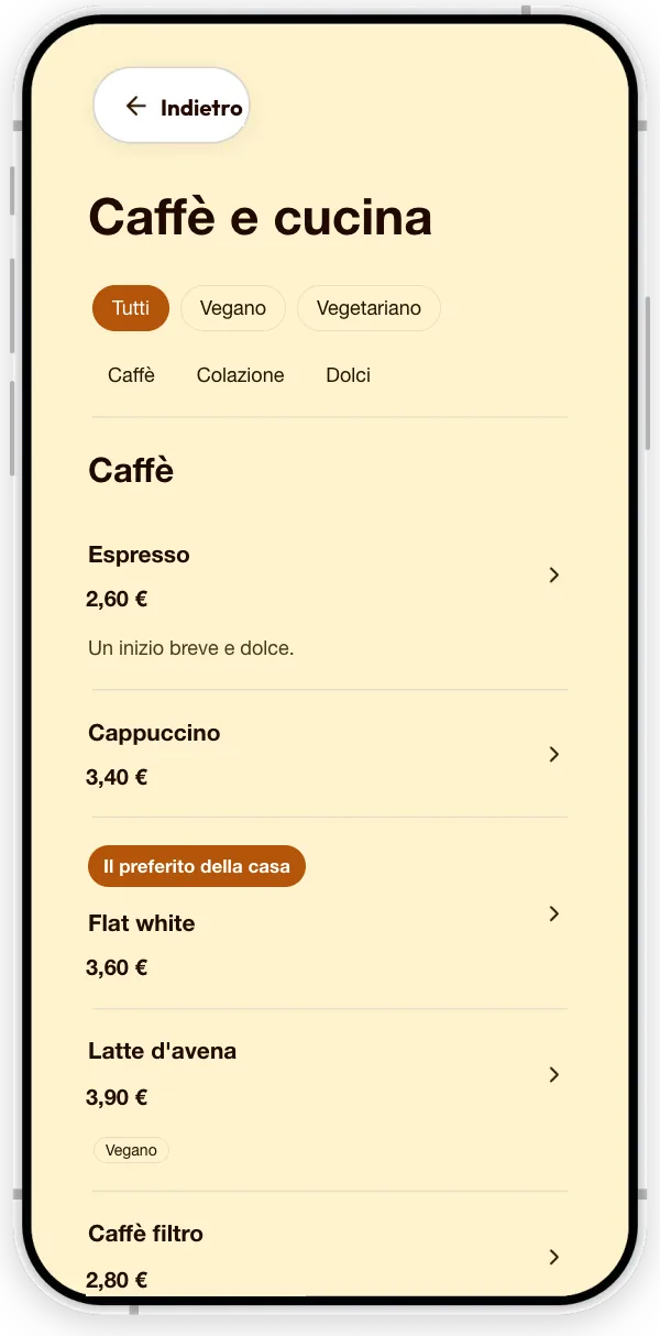 La sezione Menu di un bar di esempio: caffè con i prezzi, un’etichetta Vegan e il badge «Specialità della casa».