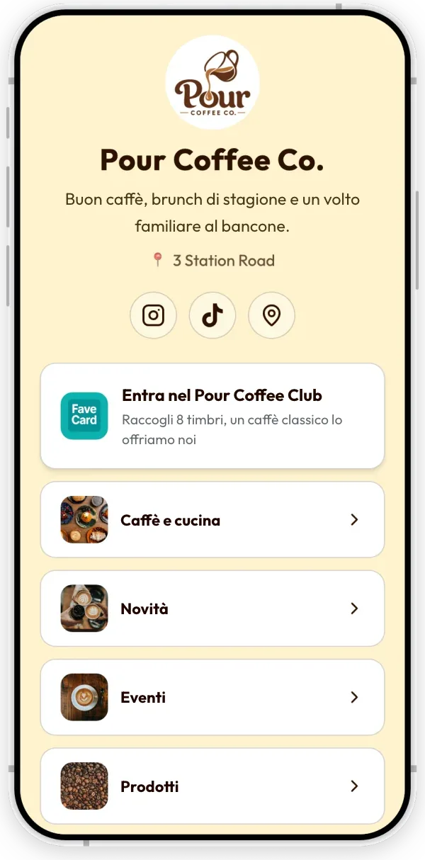 La pagina attività FaveCard di un bar di esempio su uno smartphone: prima il pulsante della carta fedeltà, poi Menu, Novità, Eventi e Prodotti, i pulsanti di contatto e il link «Lascia una recensione su Google».