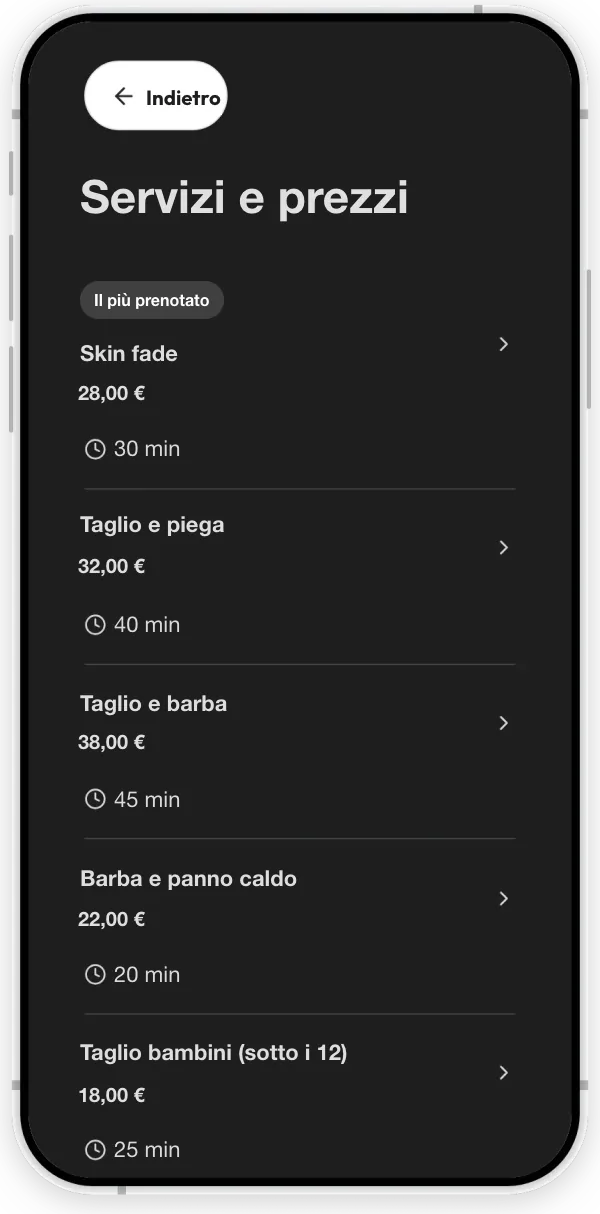 La sezione Servizi di un barbiere di esempio: tagli e trattamenti barba, ognuno con prezzo e durata.