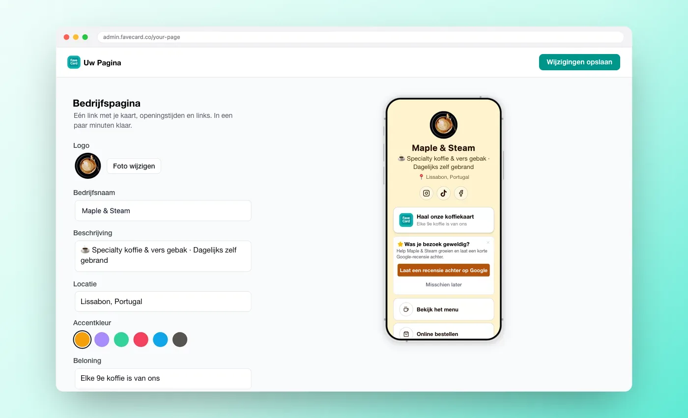 FaveCard-dashboard met de instellingen van de bedrijfspagina en een live preview op een telefoon.