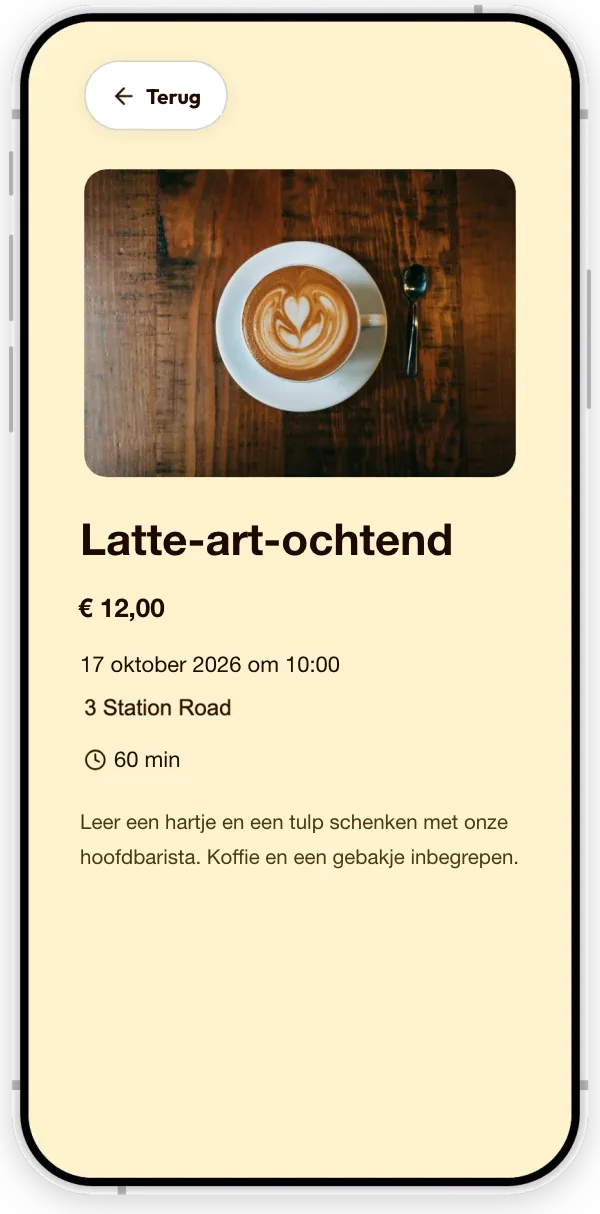 Een evenement op de pagina van een koffiebar (voorbeeld): een latte-art-ochtend, met datum, tijd, duur, prijs en beschrijving.