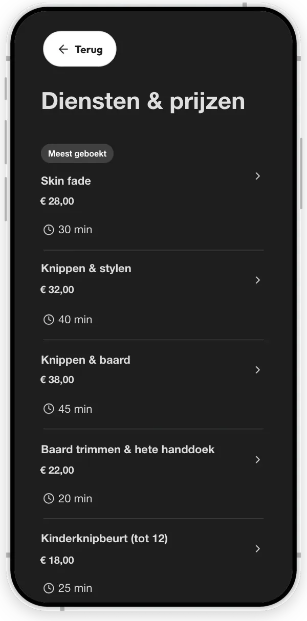 De sectie Diensten van een barbershop (voorbeeld): knippen en baardverzorging, elk met prijs en duur.