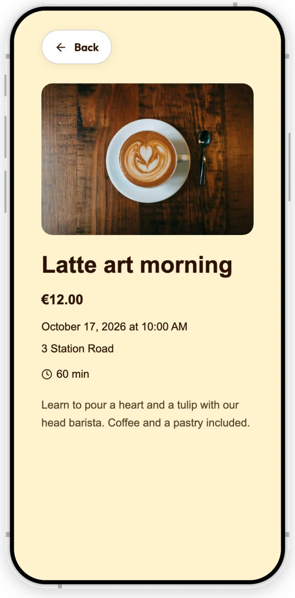 An event on an example coffee shop's page: Latte art morning, with a date, time, duration, price and description.