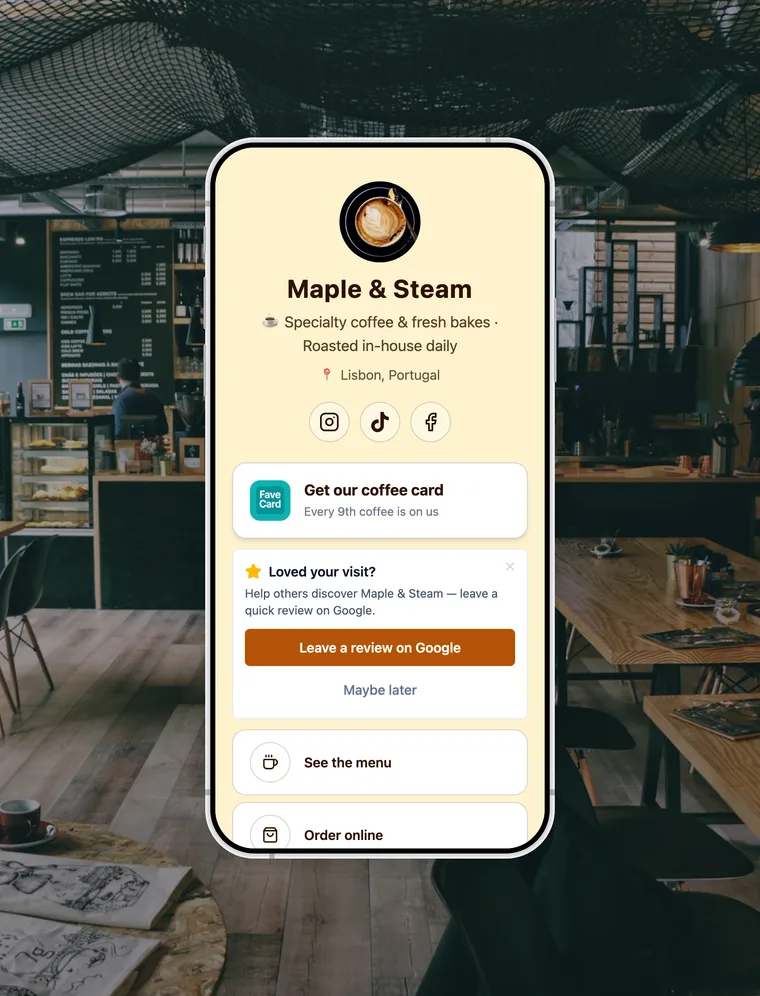 FaveCard business page on a phone: a coffee shop's loyalty card, a Google review card, and links