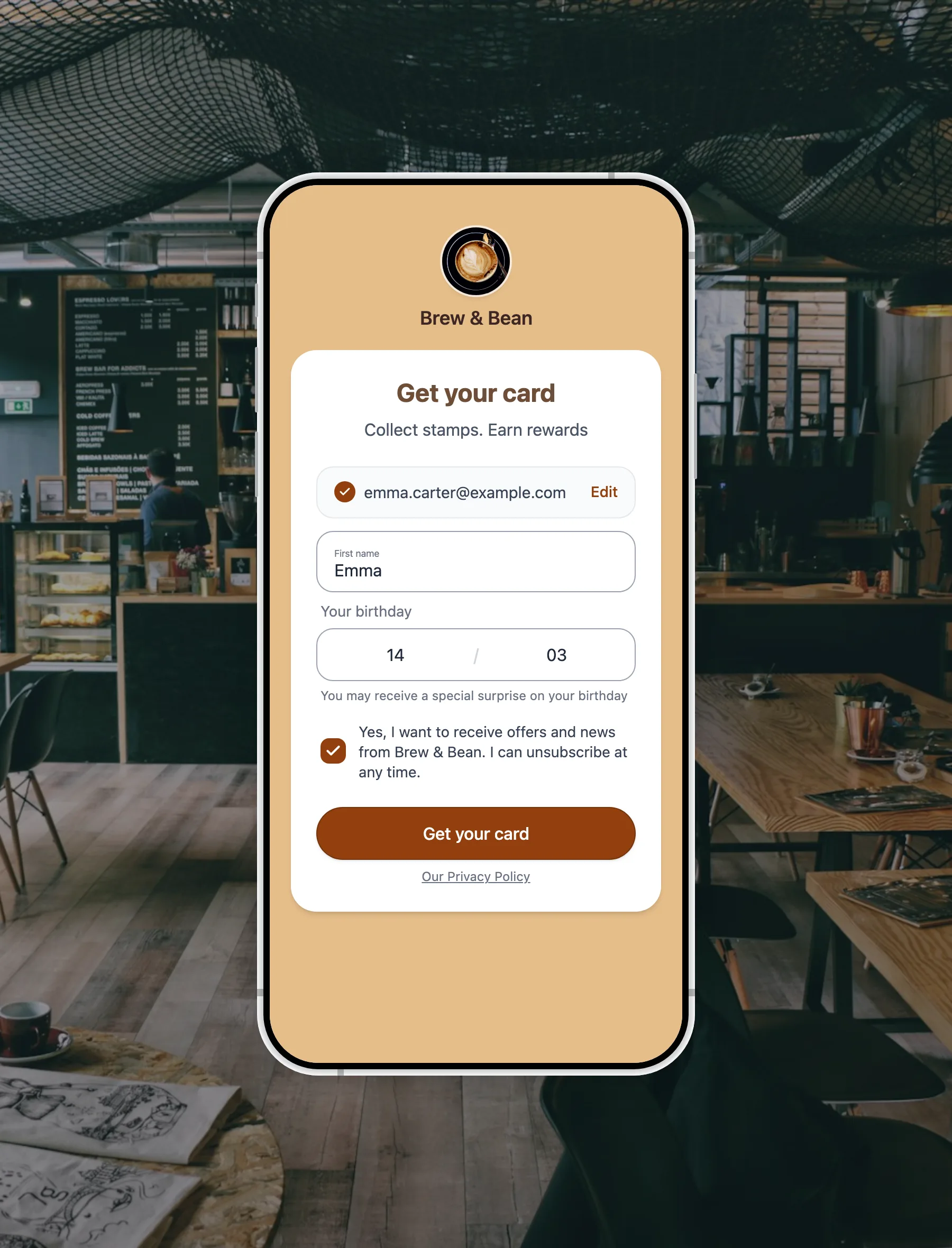 FaveCard signup on a phone: a customer joins a coffee shop's loyalty card by confirming their email and ticking a consent checkbox
