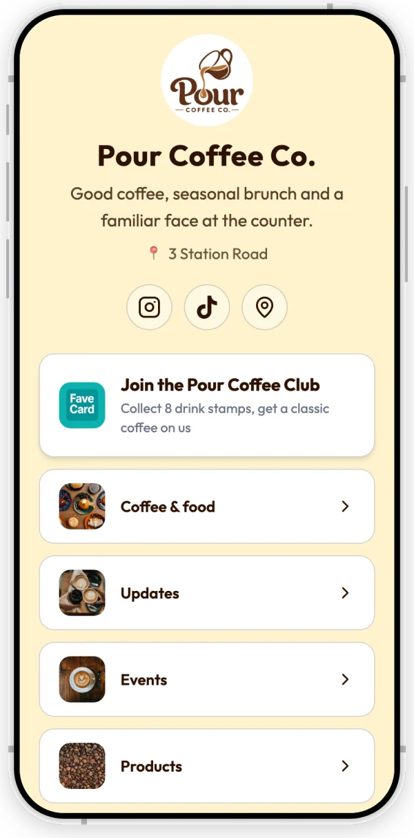 An example coffee shop's FaveCard business page on a phone: the loyalty card button first, then Menu, Updates, Events and Products, contact buttons and a Leave a review on Google link.