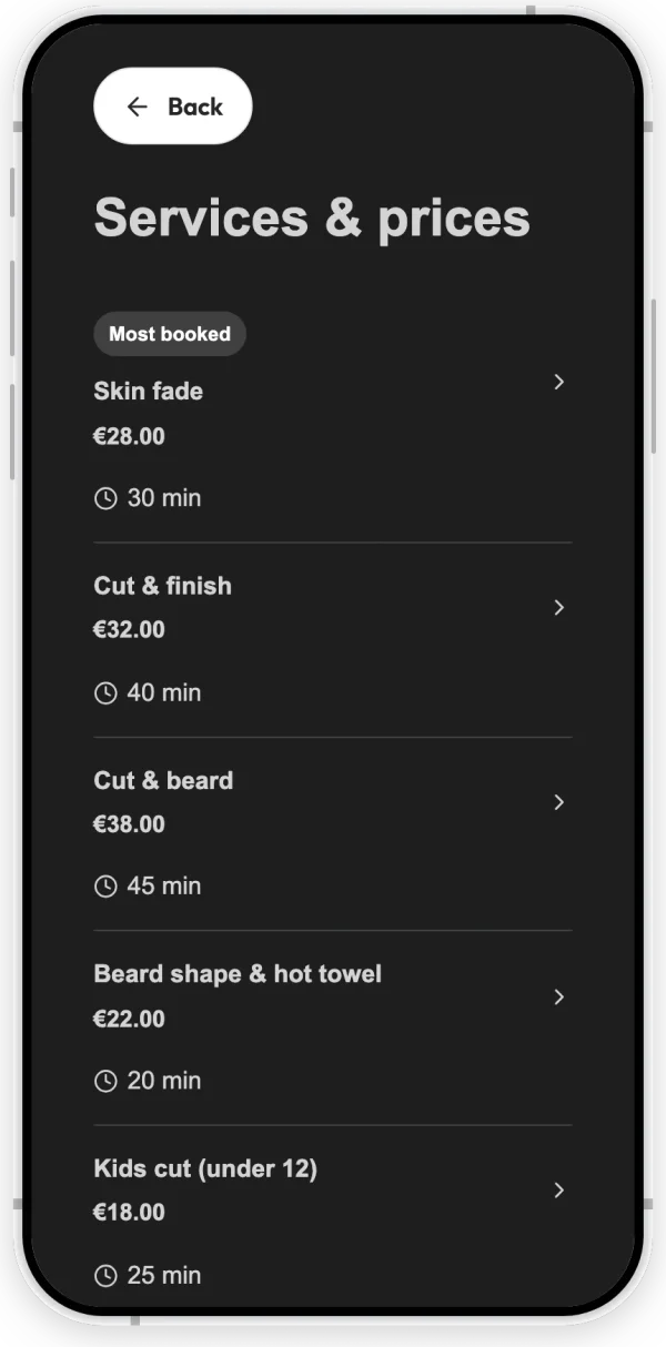 The Services section of an example barbershop's page: haircuts and beard services, each with a price and a duration.