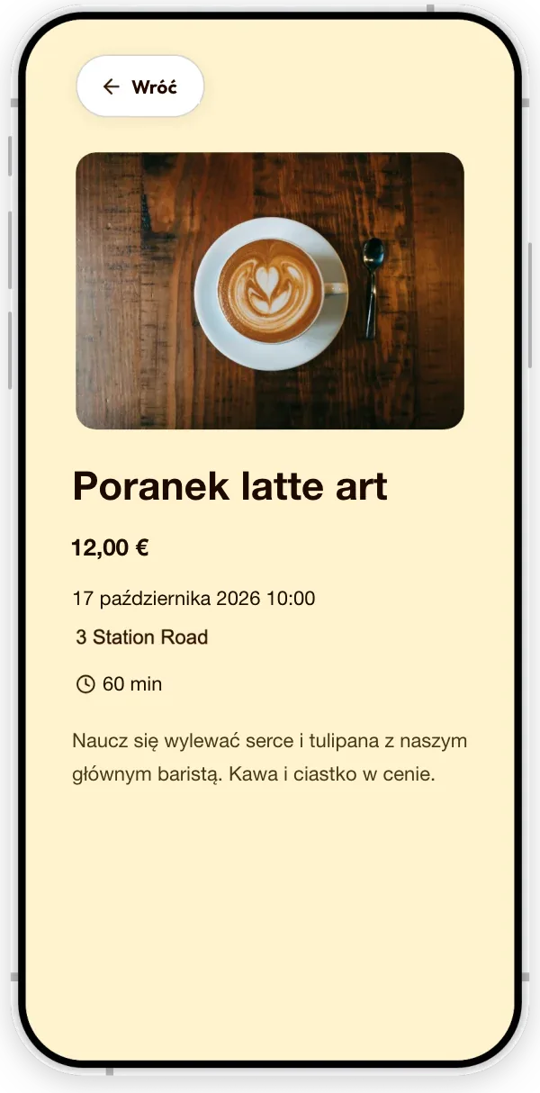 Wydarzenie na stronie przykładowej kawiarni: poranny warsztat latte art, z datą, godziną, czasem trwania, ceną i opisem.