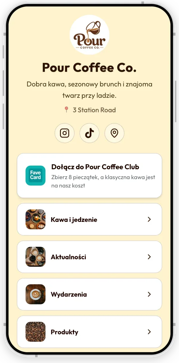 Przykładowa strona kawiarni w FaveCard na ekranie telefonu: na górze przycisk karty lojalnościowej, pod nim Menu, Aktualności, Wydarzenia i Produkty, przyciski kontaktu i link „Zostaw opinię w Google”.