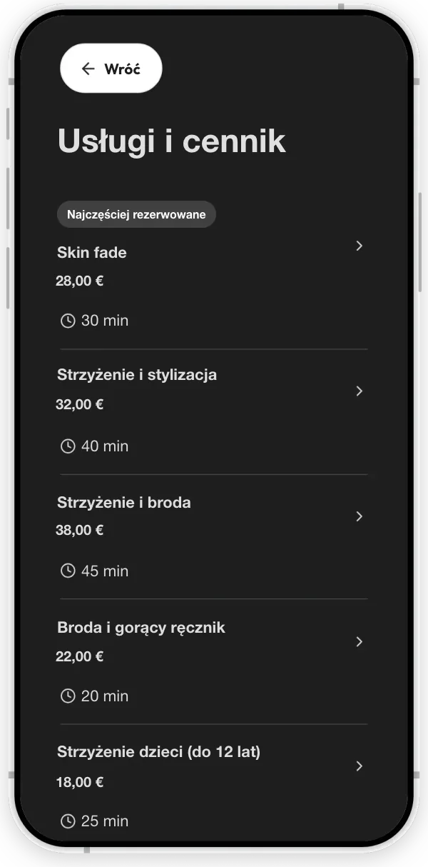 Sekcja Usługi przykładowego barbershopu: strzyżenie i pielęgnacja brody, każda usługa z ceną i czasem trwania.