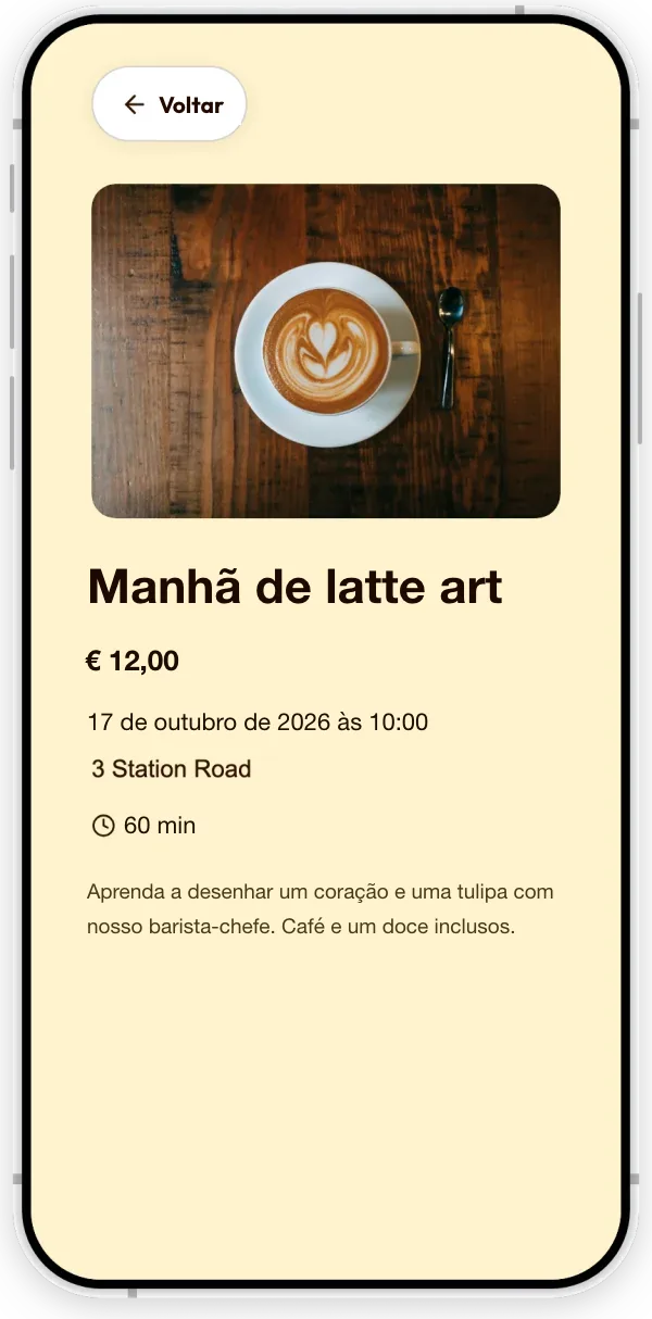 Um evento na página de uma cafeteria fictícia: uma manhã de latte art, com data, horário, duração, preço e descrição.