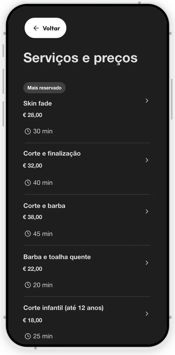 A seção Serviços de uma barbearia fictícia: cortes de cabelo e barba, cada um com preço e duração.