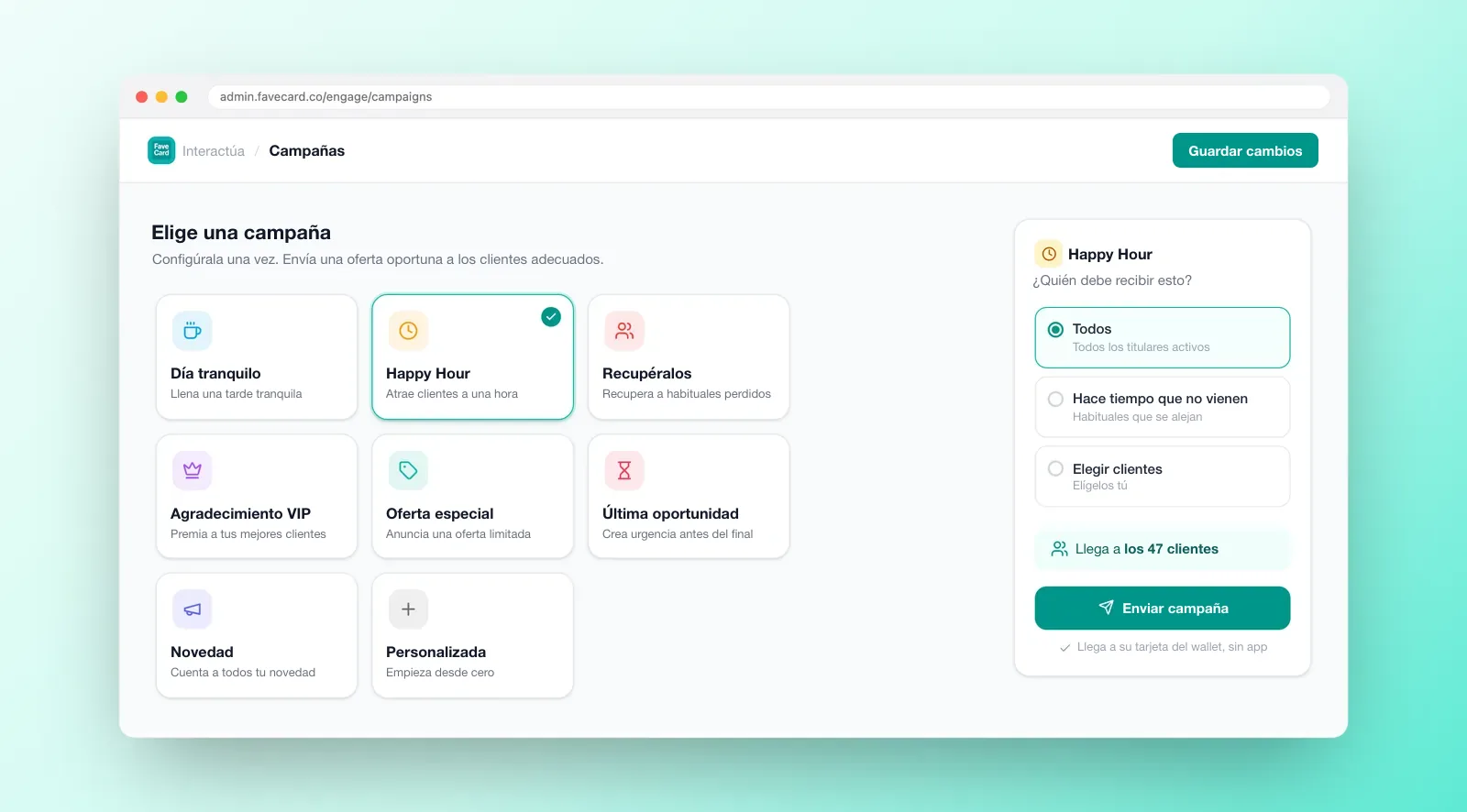 Panel de FaveCard Campaigns: ocho plantillas de campaña como Día tranquilo, Happy Hour, Recuperarlos y Gracias VIP, con selector de audiencia y vista previa de cuántos clientes alcanzará antes de enviar.