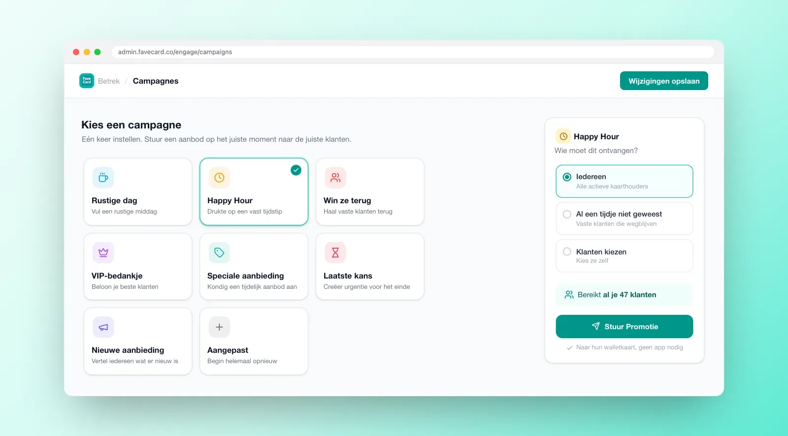 FaveCard Campagnes-dashboard met acht campagnesjablonen, zoals Rustige dag, Happy Hour, Win ze terug en VIP-bedankje, met doelgroepkeuze en een voorbeeld van het aantal bereikte klanten voor verzending.