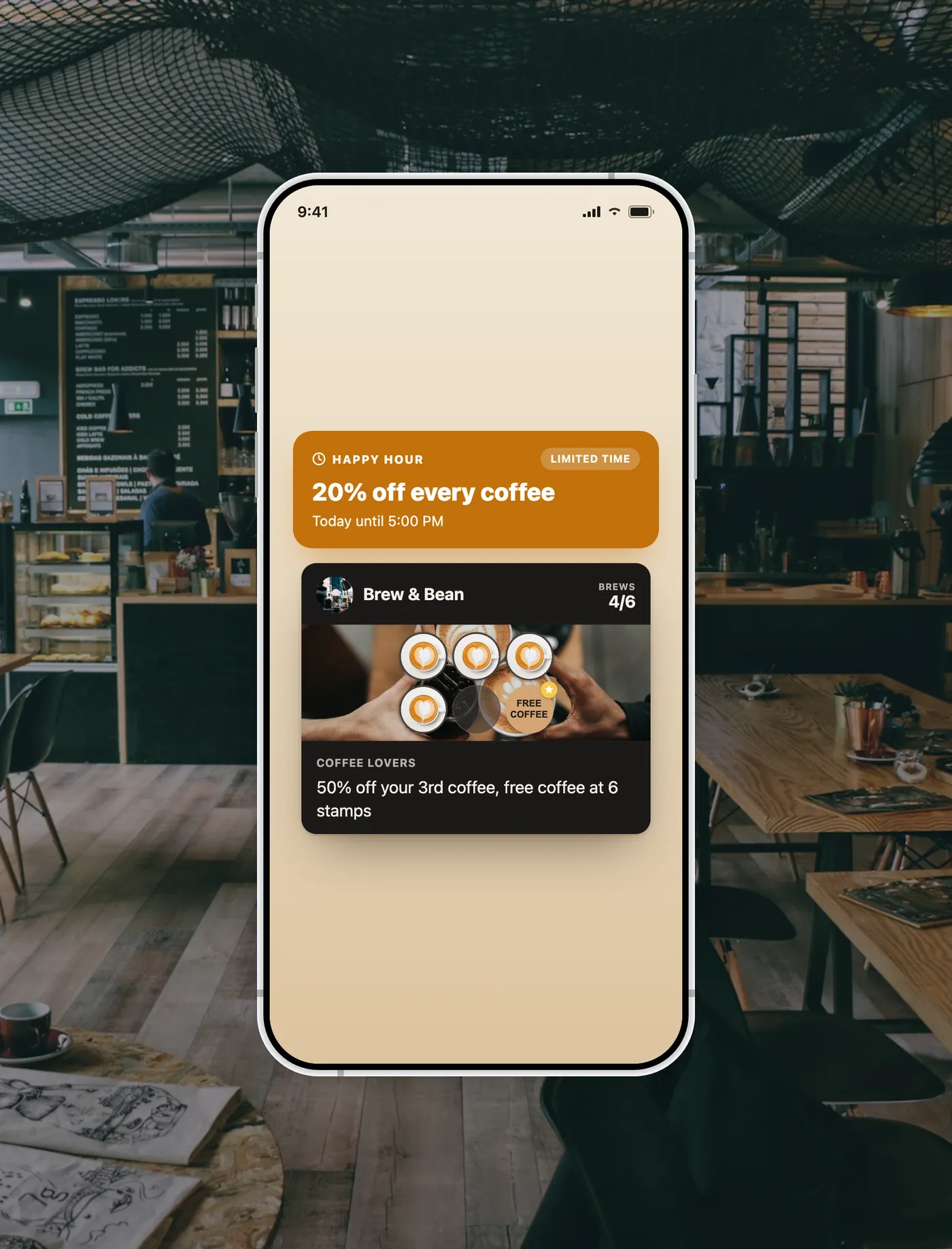 A coffee shop loyalty card showing a Happy Hour '20% off every coffee' campaign offer in the header, with the stamp grid unchanged below