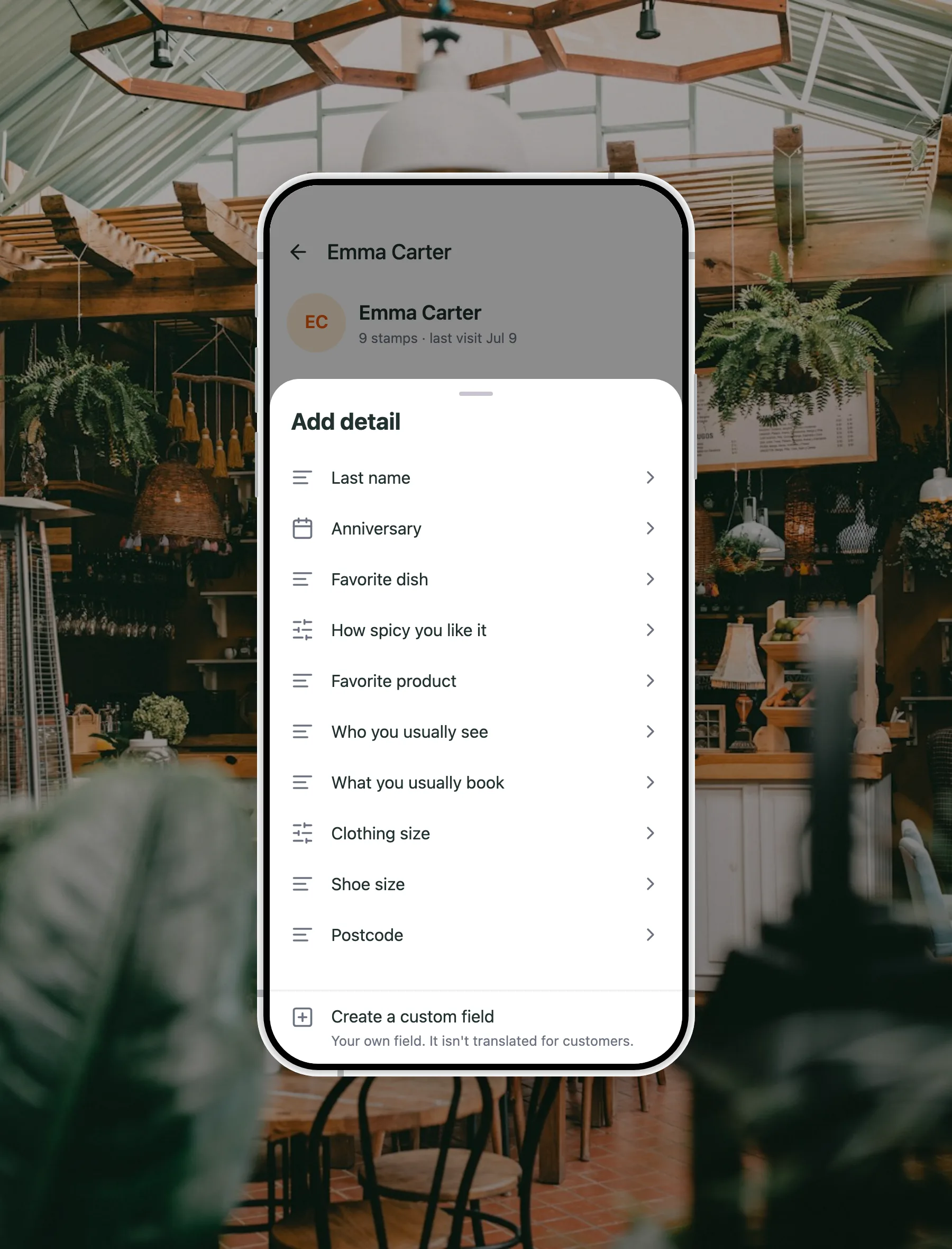 A tela Adicionar detalhe no aplicativo da FaveCard, com a lista do que a equipe pode registrar sobre este cliente